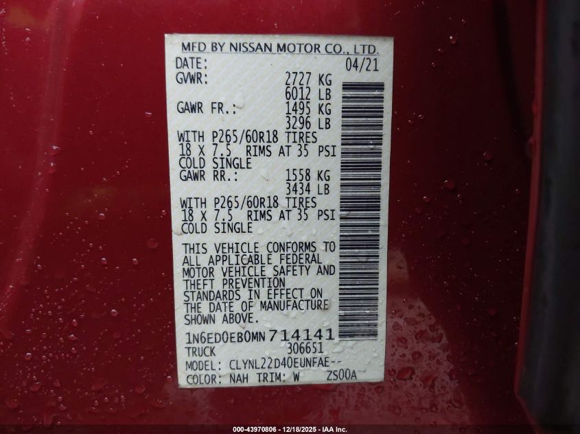2021 Nissan Frontier Sv 4X4 VIN: 1N6ED0EB0MN714141 Lot: 43970806