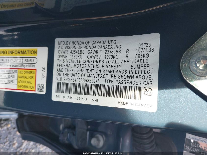 2025 Honda Civic Hybrid Sport/Sport Touring VIN: 2HGFE4F86SH329947 Lot: 43970809
