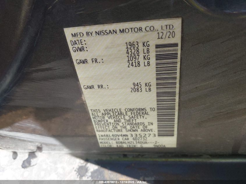 2021 Nissan Altima Sv Fwd VIN: 1N4BL4DV4MN335273 Lot: 43970813