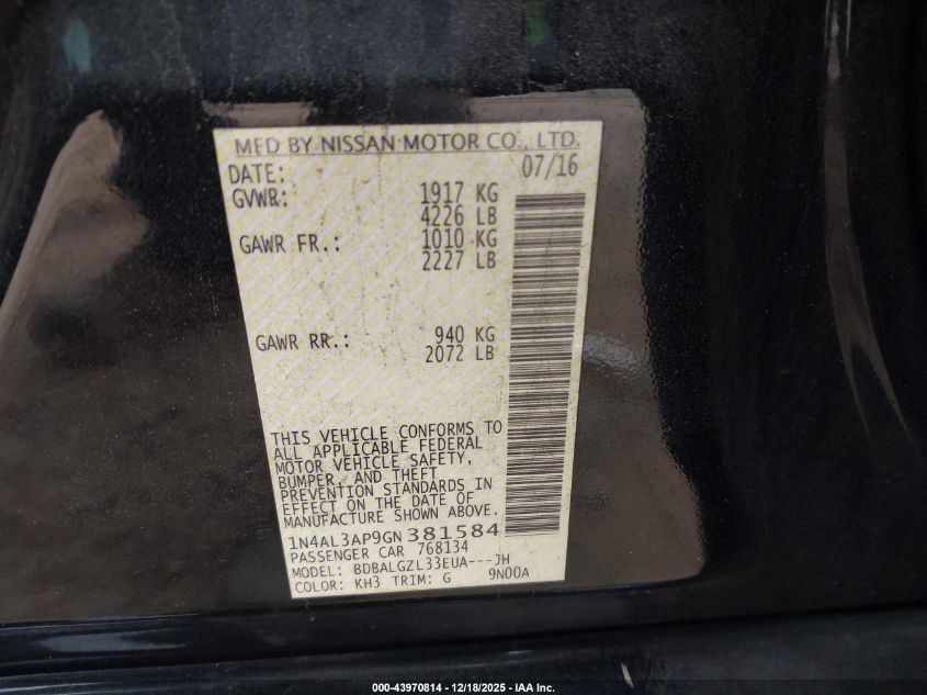 2016 Nissan Altima 2.5 S VIN: 1N4AL3AP9GN381584 Lot: 43970814