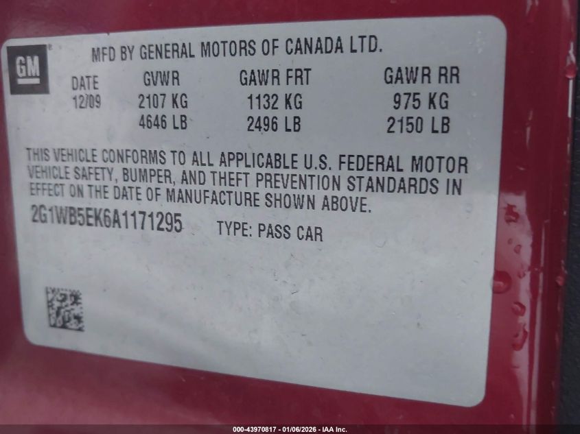 2010 Chevrolet Impala Lt VIN: 2G1WB5EK6A1171295 Lot: 43970817