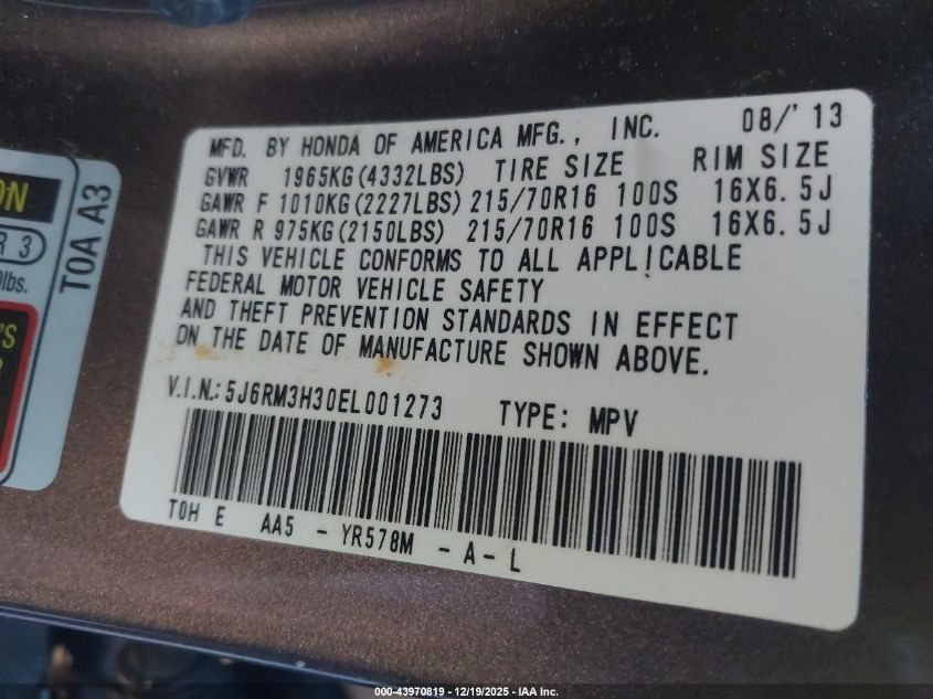 2014 Honda Cr-V Lx VIN: 5J6RM3H30EL001273 Lot: 43970819