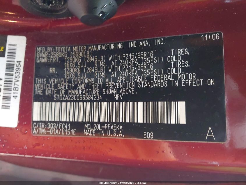 2006 Toyota Sienna Le VIN: 5TDZA23C06S584234 Lot: 43970823