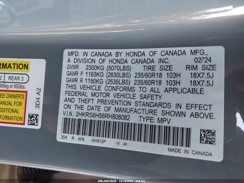 2024 Honda Cr-V Hybrid Sport VIN: 2HKRS6H56RH808082 Lot: 43970829