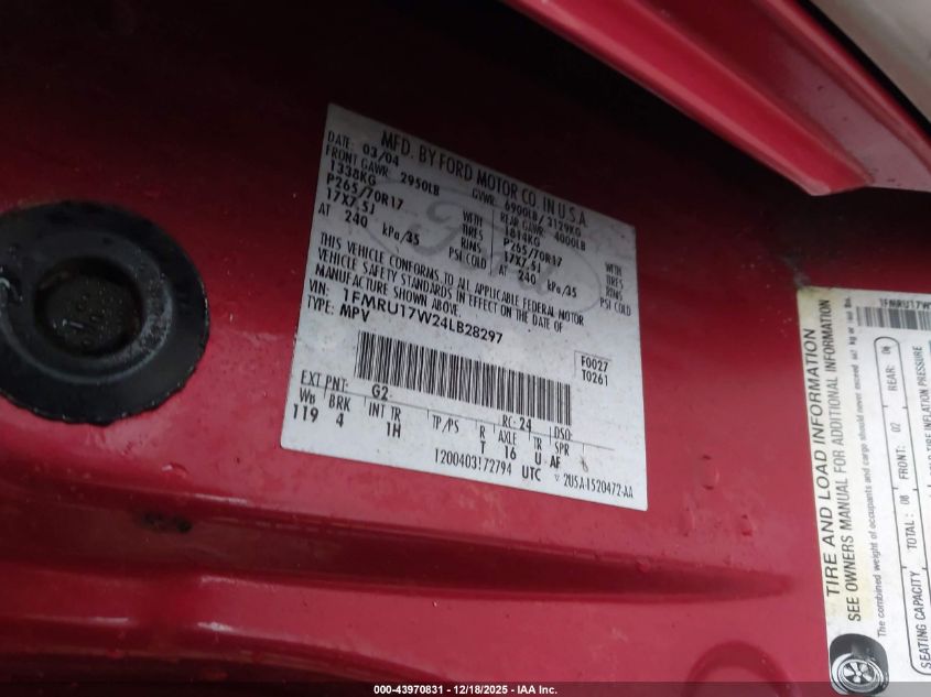 2004 Ford Expedition Eddie Bauer VIN: 1FMRU17W24LB28297 Lot: 43970831