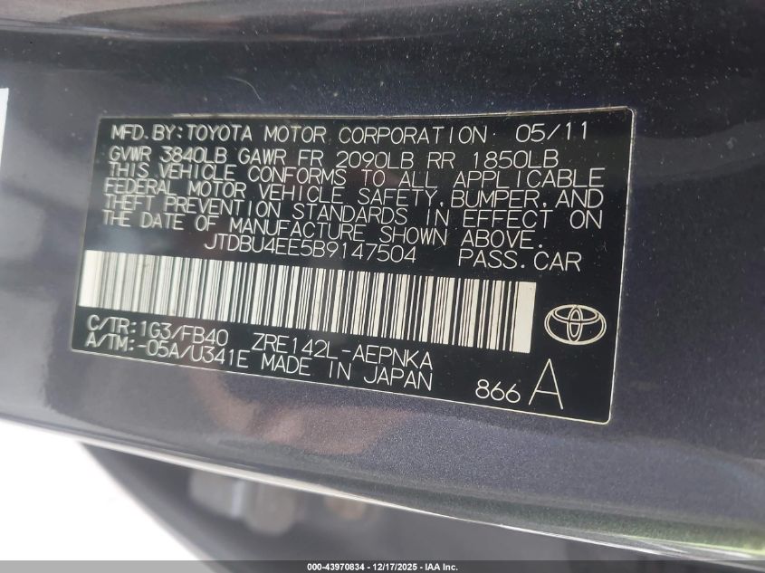 2011 Toyota Corolla Le VIN: JTDBU4EE5B9147504 Lot: 43970834