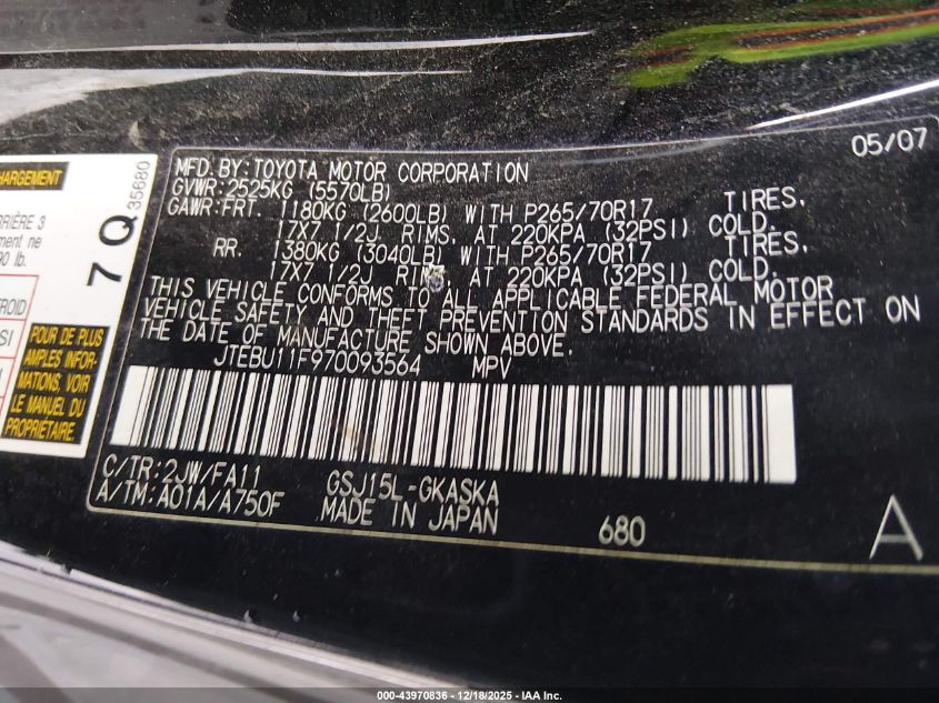 2007 Toyota Fj Cruiser VIN: JTEBU11F970093564 Lot: 43970836