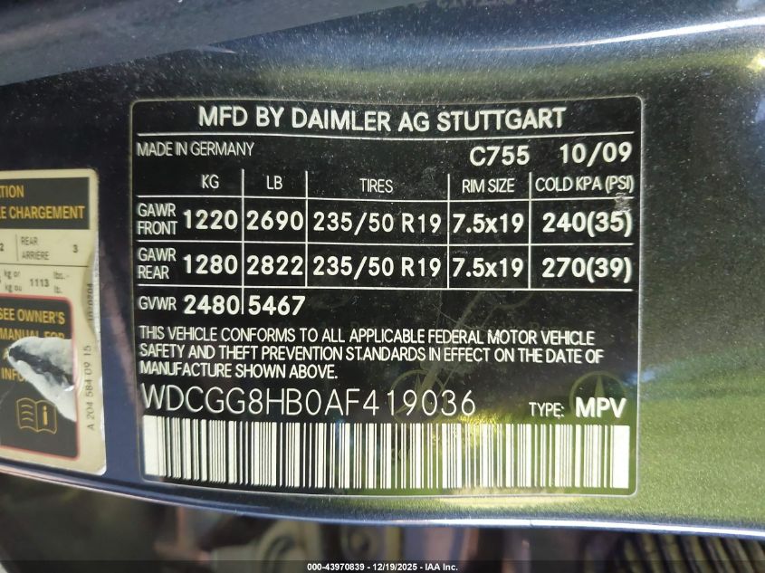 2010 Mercedes-Benz Glk 350 4Matic VIN: WDCGG8HB0AF419036 Lot: 43970839