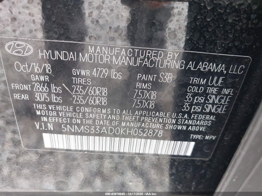 2019 Hyundai Santa Fe Sel Plus VIN: 5NMS33AD0KH052878 Lot: 43970840