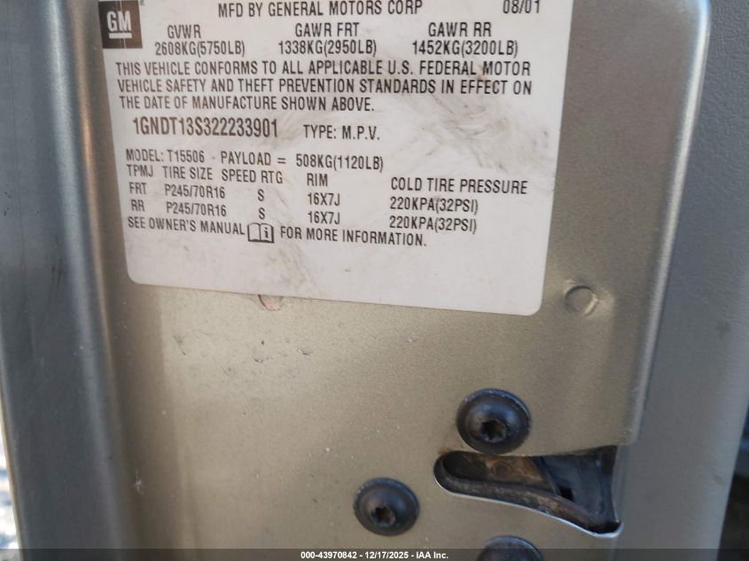 2002 Chevrolet Trailblazer Ls VIN: 1GNDT13S322233901 Lot: 43970842