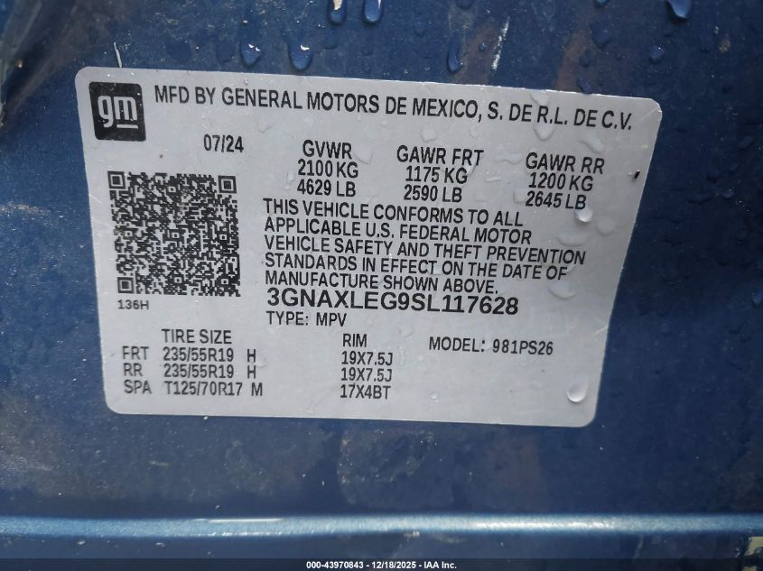 2025 Chevrolet Equinox Fwd Rs VIN: 3GNAXLEG9SL117628 Lot: 43970843