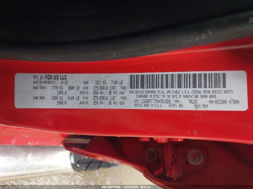 2019 Ram 1500 Big Horn/Lone Star 4X4 5'7 Box VIN: 1C6SRFFT7KN781826 Lot: 43970850