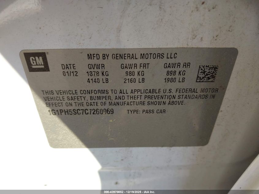 2012 Chevrolet Cruze Ltz VIN: 1G1PH5SC7C7260069 Lot: 43970852