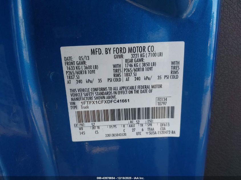 2013 Ford F-150 Stx VIN: 1FTFX1CFXDFC41661 Lot: 43970854