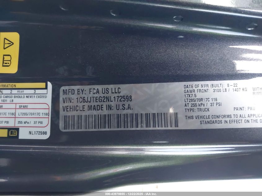 2022 Jeep Gladiator Mojave 4X4 VIN: 1C6JJTEG2NL172598 Lot: 43970855