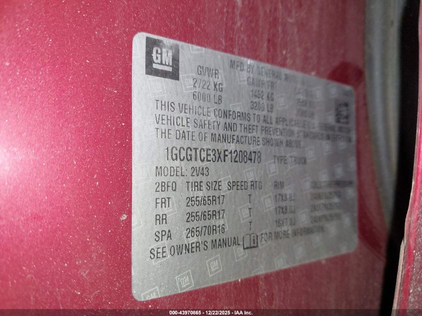 2015 Chevrolet Colorado Z71 VIN: 1GCGTCE3XF1208478 Lot: 43970865