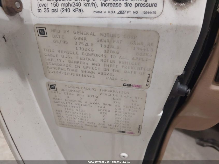 1995 Chevrolet Corvette VIN: 1G1YY22P7S5116943 Lot: 43970867