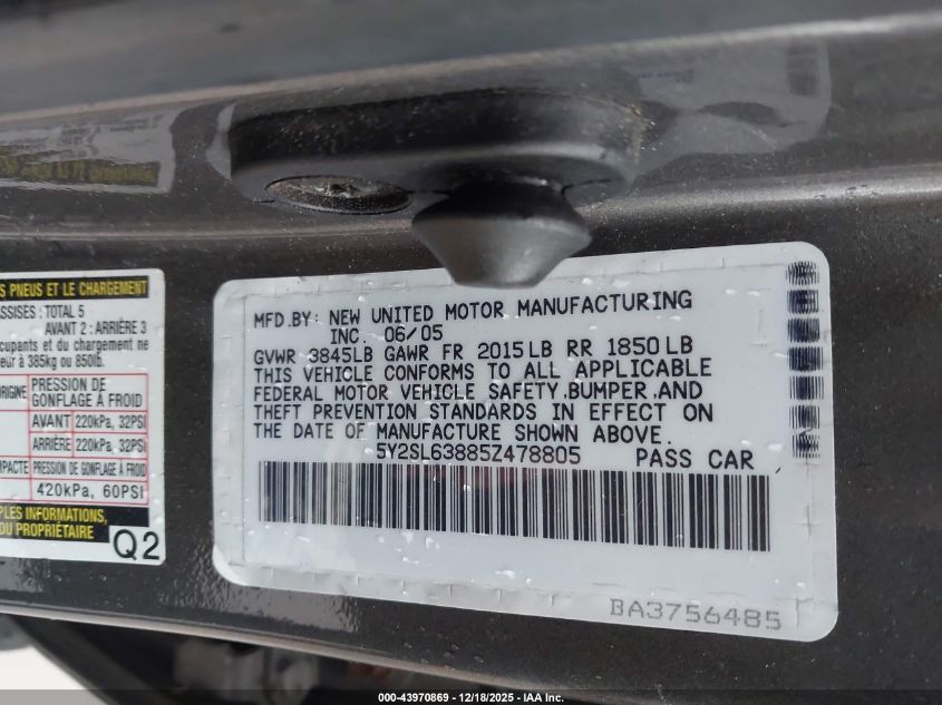 2005 Pontiac Vibe VIN: 5Y2SL63885Z478805 Lot: 43970869