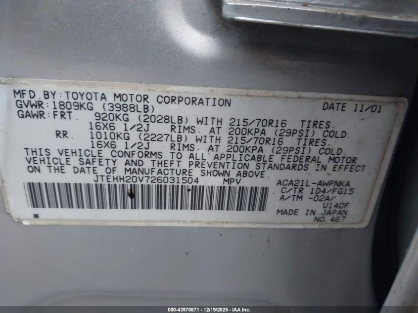 2002 Toyota Rav4 VIN: JTEHH20V726031504 Lot: 43970871