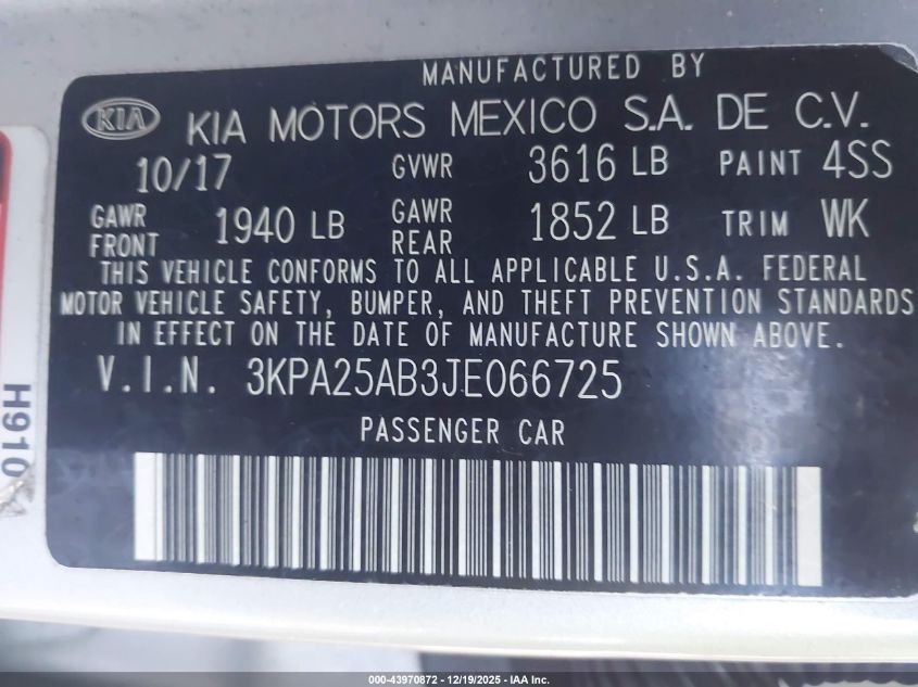 2018 Kia Rio Lx VIN: 3KPA25AB3JE066725 Lot: 43970872