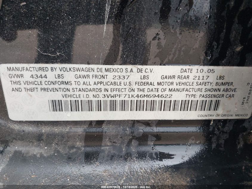 2006 Volkswagen Jetta Value Edition VIN: 3VWPF71K46M694622 Lot: 43970876