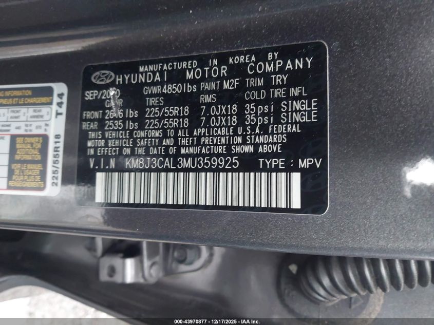 2021 Hyundai Tucson Limited VIN: KM8J3CAL3MU359925 Lot: 43970877