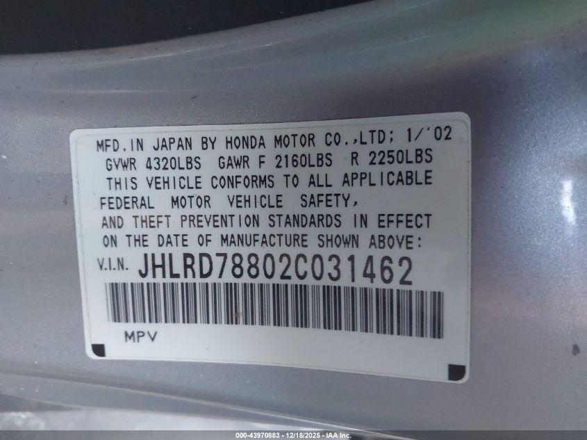 2002 Honda Cr-V Ex VIN: JHLRD78802C031462 Lot: 43970883