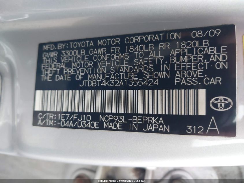 2010 Toyota Yaris VIN: JTDBT4K32A1355424 Lot: 43970887