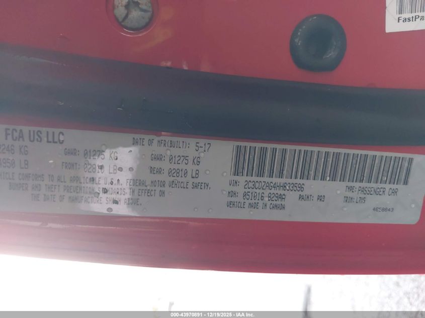 2017 Dodge Challenger Sxt VIN: 2C3CDZAG4HH633596 Lot: 43970891