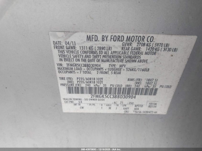 2011 Ford Flex Sel VIN: 2FMGK5CC3BBD30904 Lot: 43970893