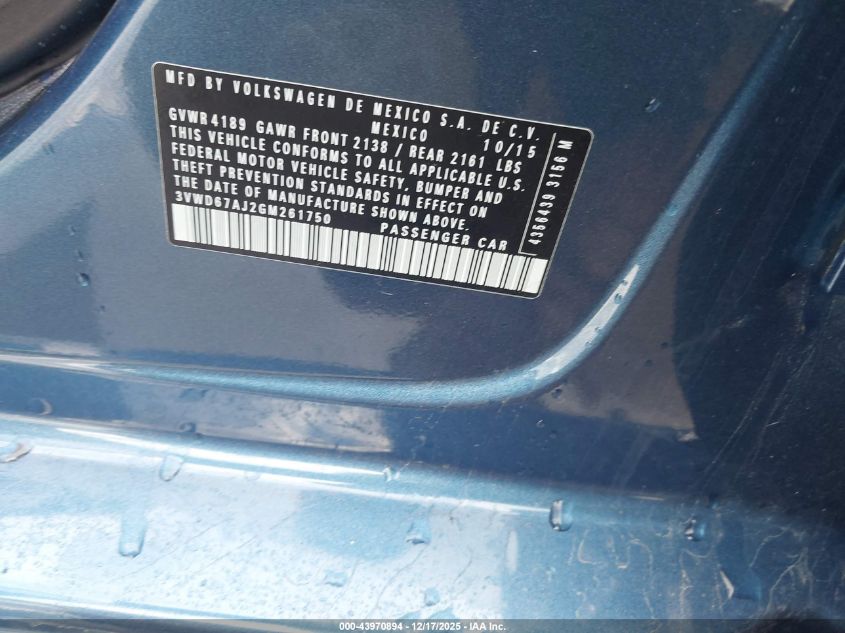 2016 Volkswagen Jetta 1.4T Se VIN: 3VWD67AJ2GM261750 Lot: 43970894