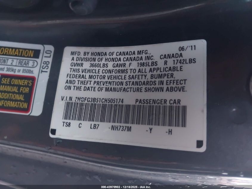 2012 Honda Civic Lx VIN: 2HGFG3B51CH505174 Lot: 43970902