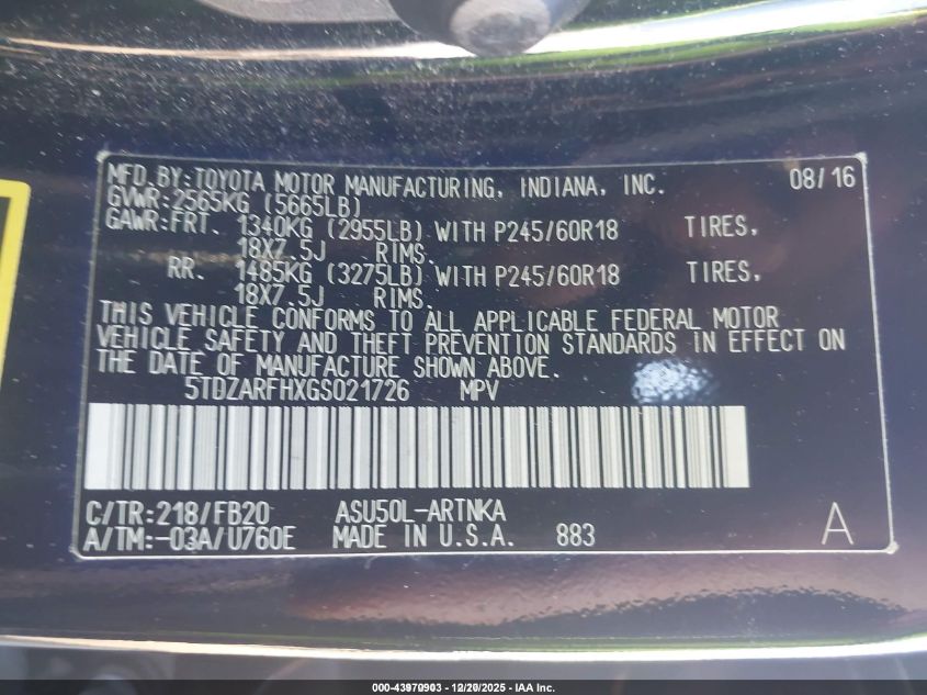 2016 Toyota Highlander Le VIN: 5TDZARFHXGS021726 Lot: 43970903