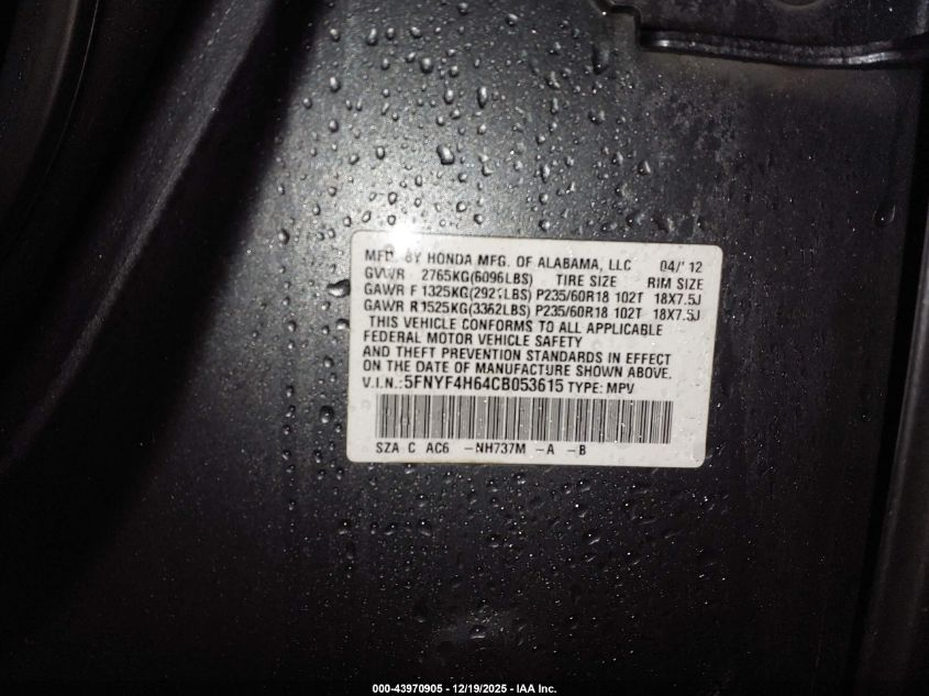 2012 Honda Pilot Ex-L VIN: 5FNYF4H64CB053615 Lot: 43970905