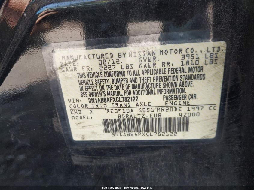 2012 Nissan Sentra 2.0 Sr VIN: 3N1AB6APXCL782122 Lot: 43970908