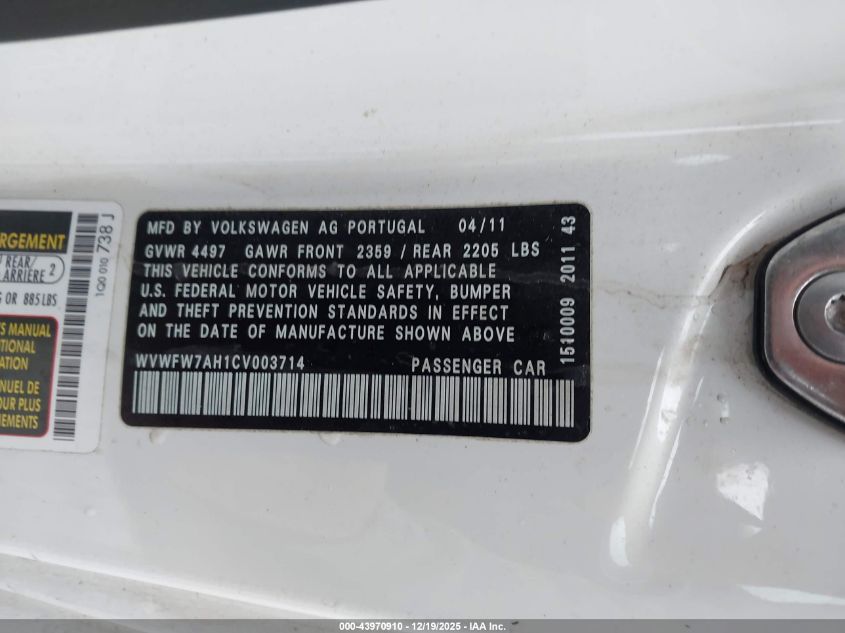 2012 Volkswagen Eos Executive VIN: WVWFW7AH1CV003714 Lot: 43970910