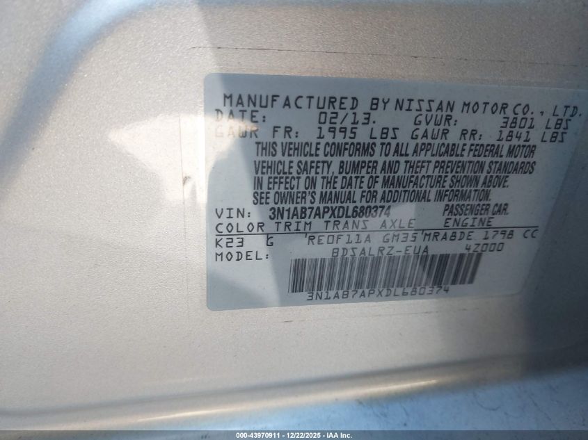 2013 Nissan Sentra Sr VIN: 3N1AB7APXDL680374 Lot: 43970911