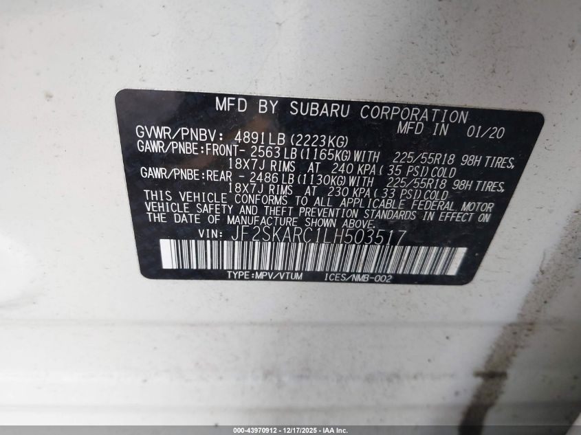 2020 Subaru Forester Sport VIN: JF2SKARC1LH503517 Lot: 43970912