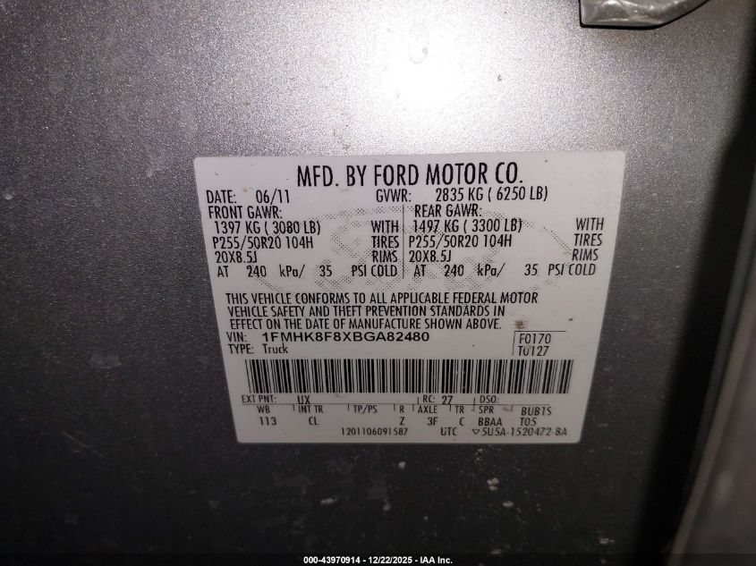 2011 Ford Explorer Limited VIN: 1FMHK8F8XBGA82480 Lot: 43970914