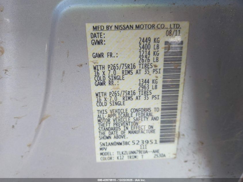 2011 Nissan Xterra Pro-4X VIN: 5N1AN0NW3BC523951 Lot: 43970915