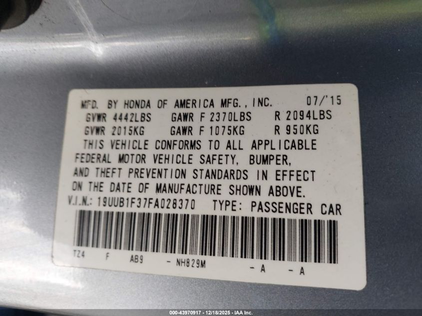 2015 Acura Tlx VIN: 19UUB1F37FA028370 Lot: 43970917