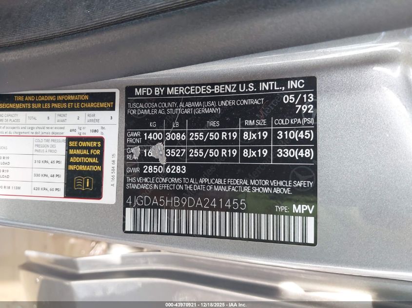 2013 Mercedes-Benz Ml 350 4Matic VIN: 4JGDA5HB9DA241455 Lot: 43970921