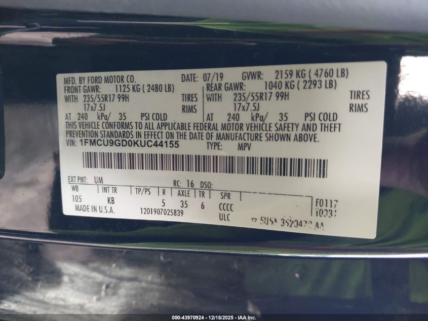 2019 Ford Escape Se VIN: 1FMCU9GD0KUC44155 Lot: 43970924