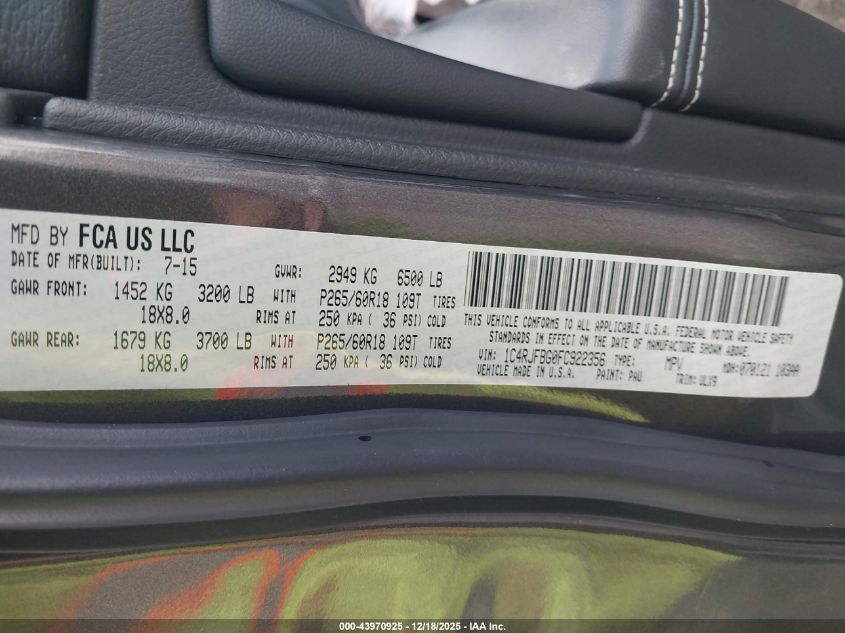 2015 Jeep Grand Cherokee Limited VIN: 1C4RJFBG0FC922356 Lot: 43970925