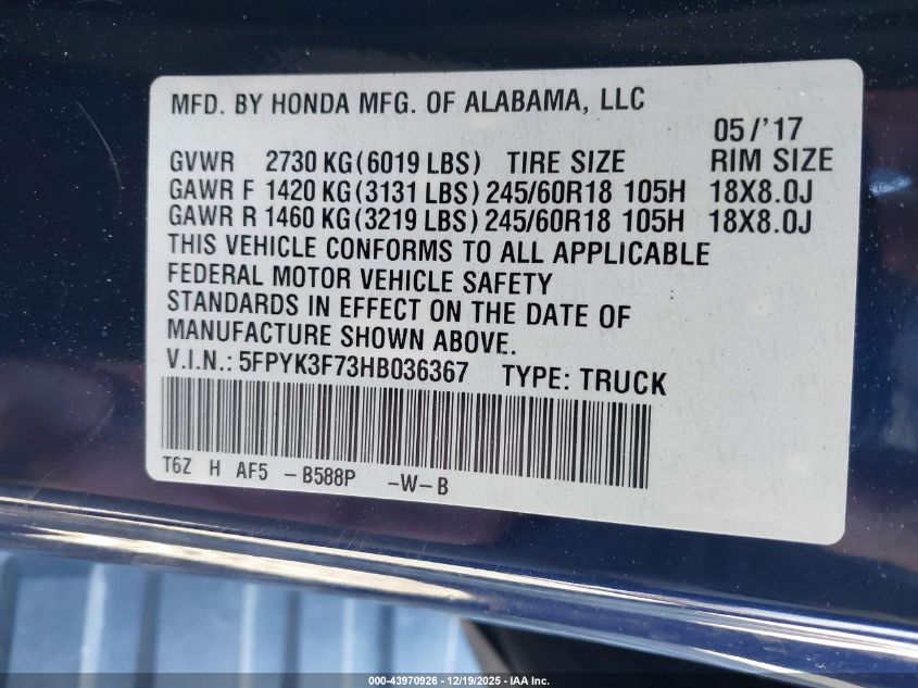 2017 Honda Ridgeline Rtl-E VIN: 5FPYK3F73HB036367 Lot: 43970926