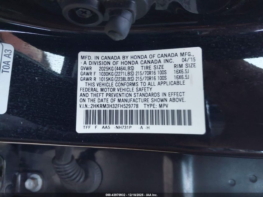 2015 Honda Cr-V Lx VIN: 2HKRM3H32FH529778 Lot: 43970932