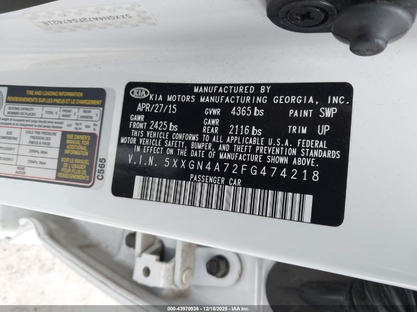 2015 Kia Optima Ex VIN: 5XXGN4A72FG474218 Lot: 43970936