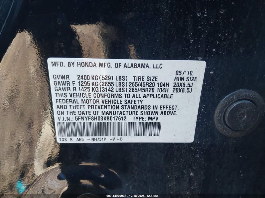 2019 Honda Passport Elite VIN: 5FNYF8H03KB017612 Lot: 43970938