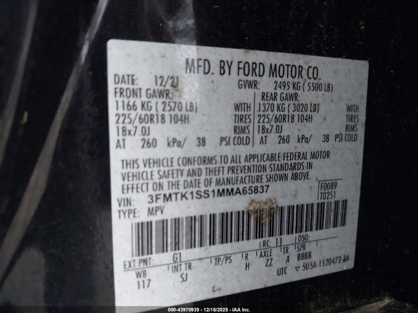 2021 Ford Mustang Mach-E Select VIN: 3FMTK1SS1MMA65837 Lot: 43970939