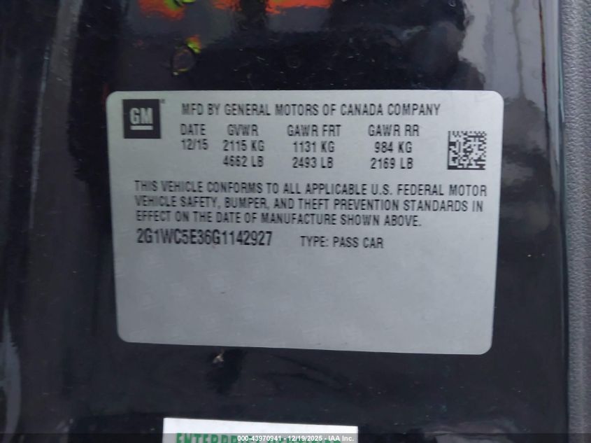 2016 Chevrolet Impala Limited Ltz VIN: 2G1WC5E36G1142927 Lot: 43970941